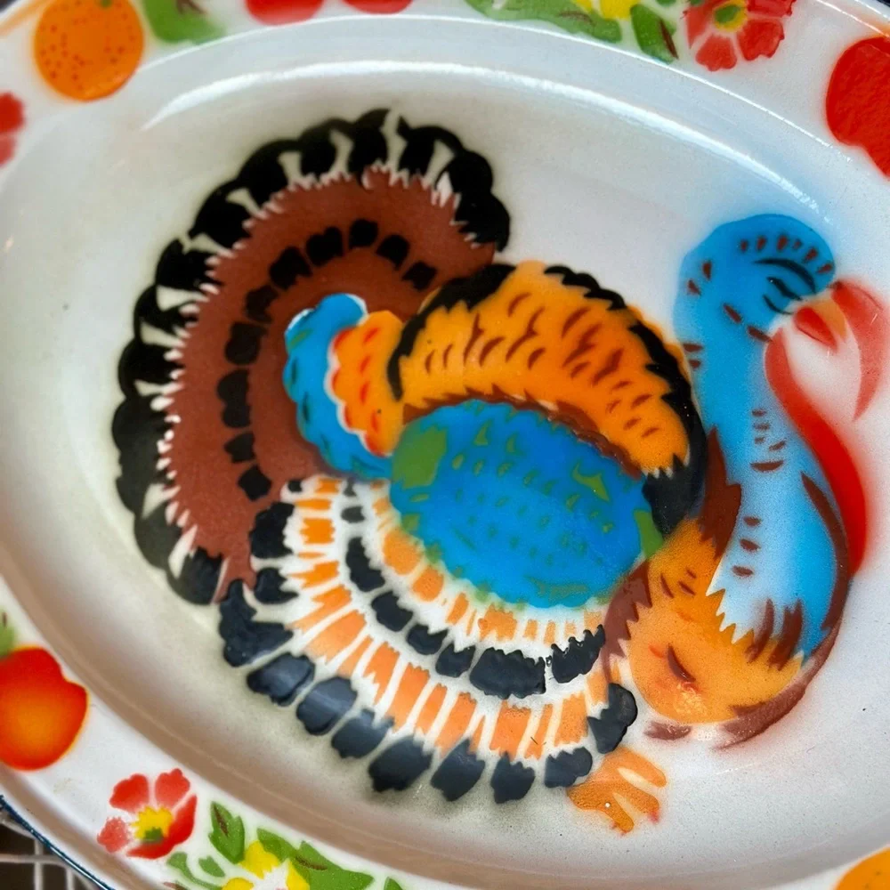 Retro Enameled Metal Colorful Turkey Design Platter for Summer or Holiday